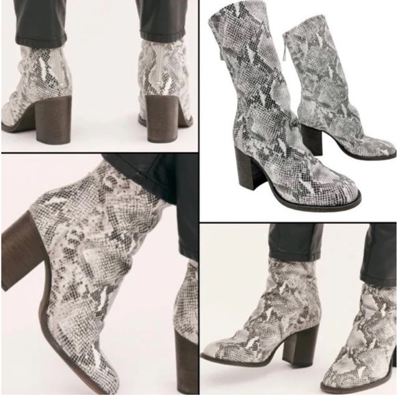 Free People Elle Slouch Reptile Snakeskin Boots Leather Western Boho Block Heel - Picture 1 of 6